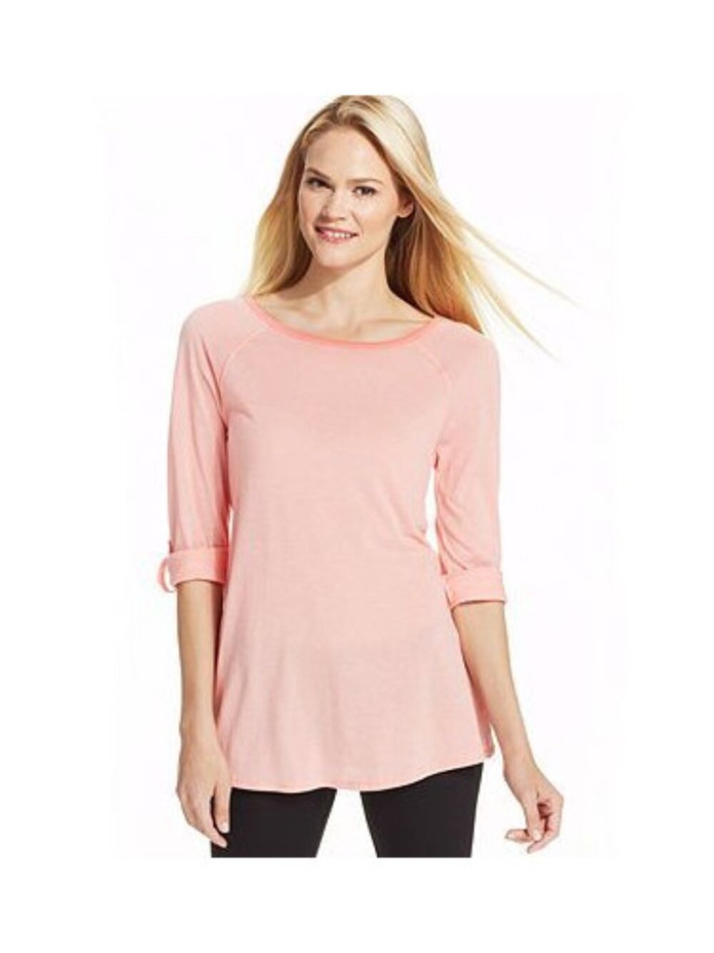 Calvin Klein Womens Activewear Roll Tab Sleeve Striped Top